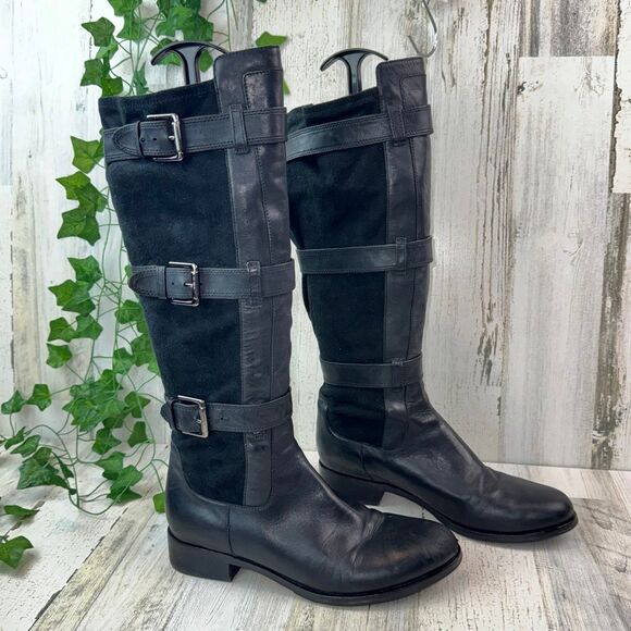 Cole Haan Air Avalon Riding Black Leather Suede Knee Boots D32497 Buckle 9B - Picture 1 of 11